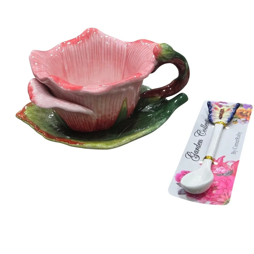 CornerRuby Garden Collection Pink Rose Tea‎ Cup Leaf Saucer Butterfly Spoon Set